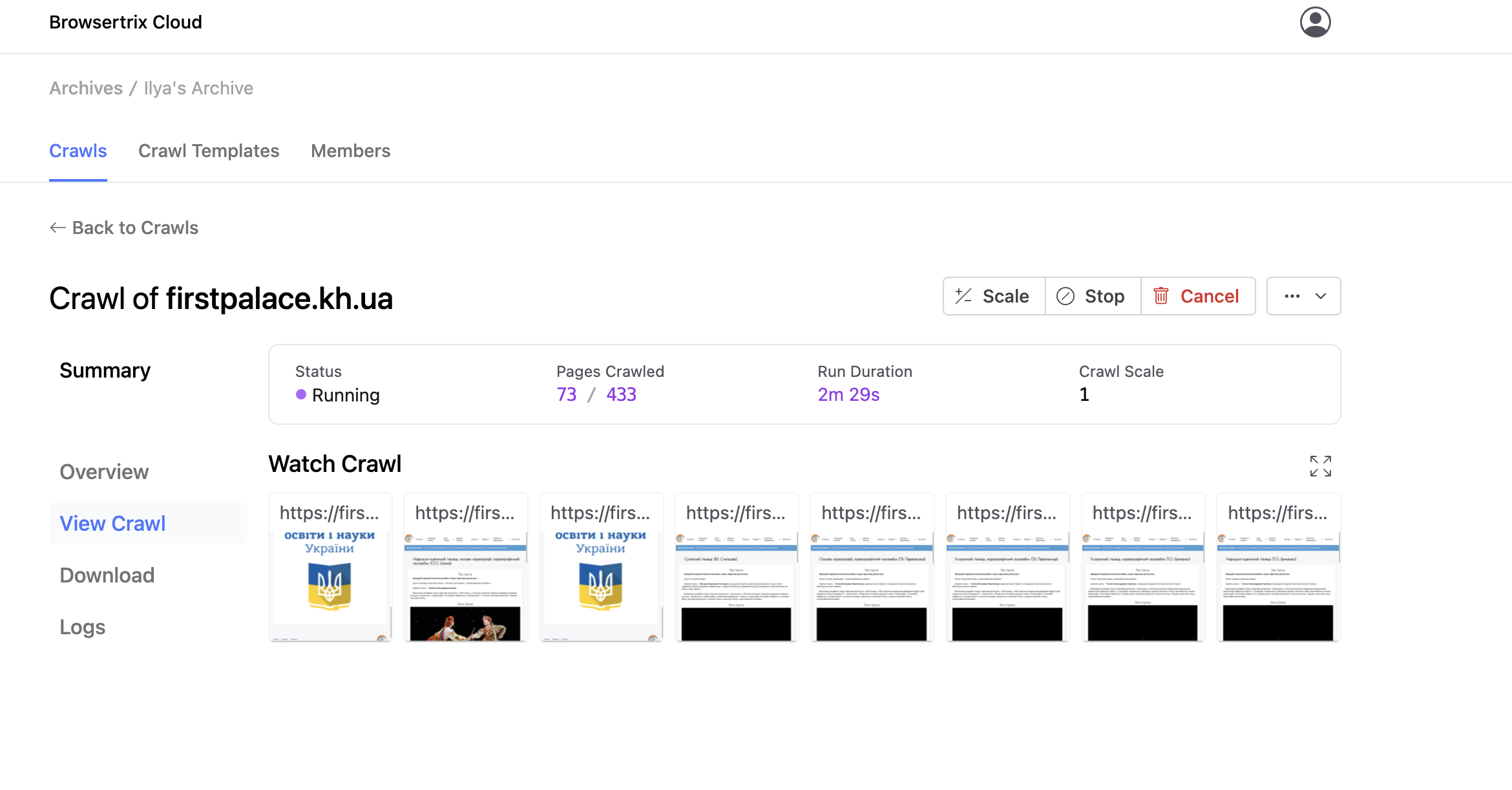 screenshot of the watch crawl view in Browsertrix, firstpalace.kh.ua is being archived in 8 browser windows