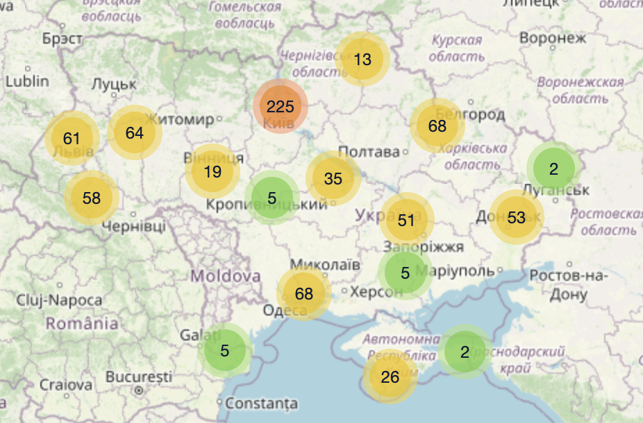 Map of Ukraine showing location markers for institutions whose content was web archived.